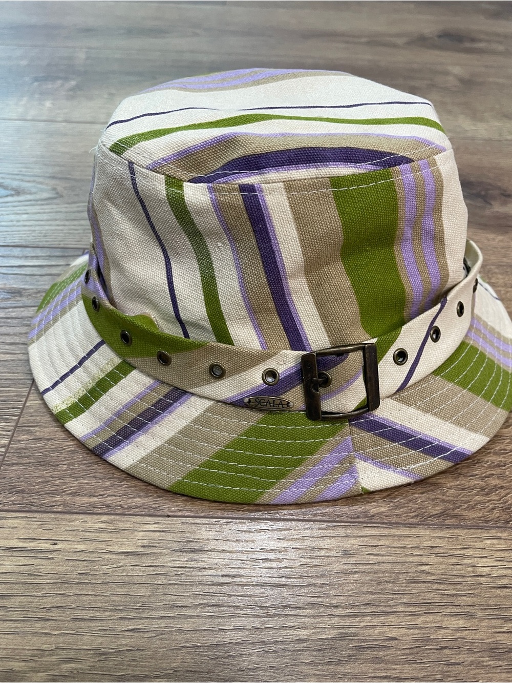 Scala Vintage Striped Bucket Hat in Green, Lavender & Cream